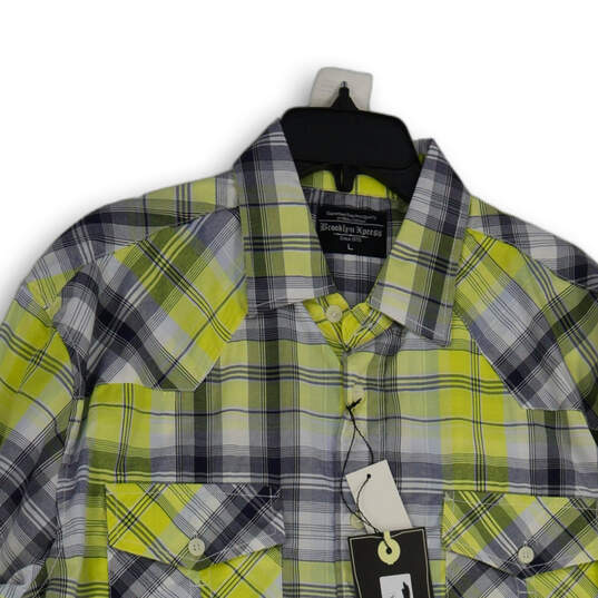 NWT Mens Blue Yellow Plaid Spread Collar Flap Pocket Button-Up Shirt Sz L image number 3