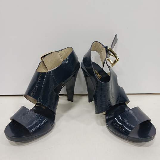 Womens Dark Blue Patent Leather Buckle Open Toe Cone Strappy Heels Size 8.5 M image number 1