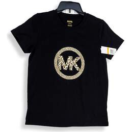 NWT Michael Kors Womens Black Animal Print Round Neck Pullover T-Shirt Size S