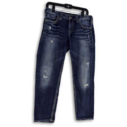 Womens Blue Medium Wash Pockets Stretch Distressed Straight Jeans Sz 29/25