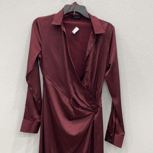 NWT Womens Red Long Sleeve Collared Side Slit Wrap Dress Size Small image number 3