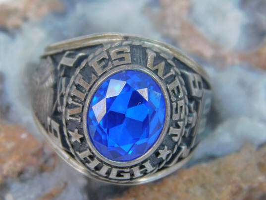 Vintage 1976 Sterling Silver Blue Spinel Niles West High School Ring 13.2g image number 1