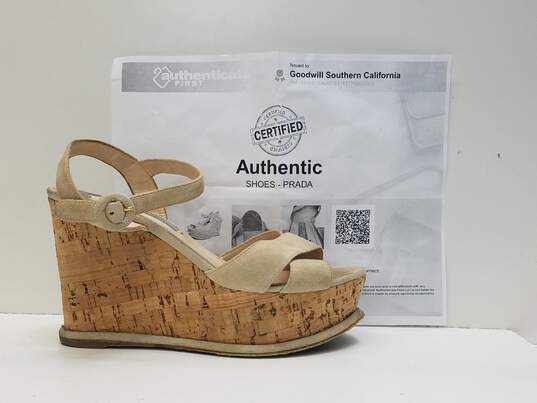 Prada Beige Pomice Wedge Sandals Women's Size US 6.5 EU 37.5 Authenticated image number 1