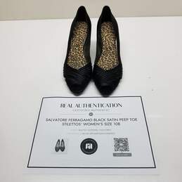 AUTHENTICATED Salvatore Ferragamo Black Satin Peep Toe Stilettos Womens Size 10B