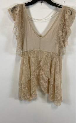 NWT Free People Womens Beige Ruffle Short Sleeve V Neck Lace Blouse Top Size M