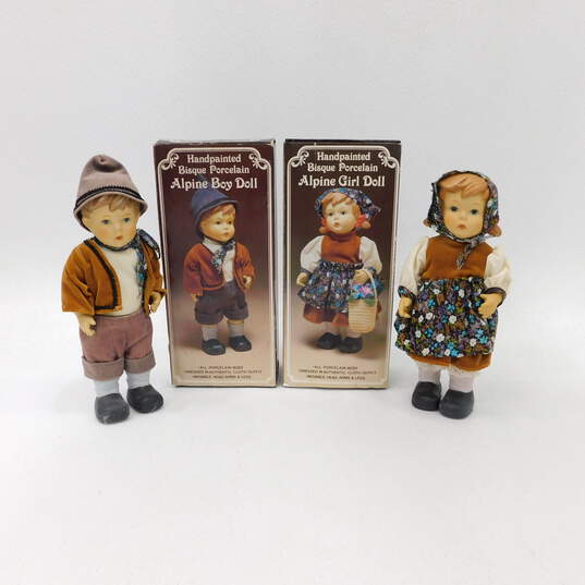 Vintage Handpainted Bisque Porcelain Alpine Boy And Girl Doll IOB image number 1