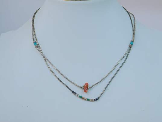 Southwestern Artisan 925 Coral Turquoise & Shell Necklaces 6.2g image number 1
