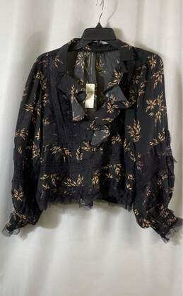 NWT By Anthropologie Womens Black Motif Ruffled V-Neck Popover Blouse Size M