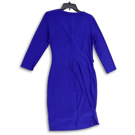 Womens Blue Wrap V-Neck Long Sleeve Ruched Knee Length Sheath Dress Size 10 image number 2