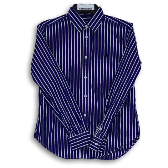 Mens Blue White Striped Long Sleeve Spread Collared Dress Shirt Size 14 image number 1