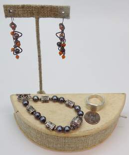 Artisan Sterling Silver Granulated Bead & Blue Pearl Toggle Bracelet Hammered Carnelian Pearl Drop Earrings & Floral Ring 38.1g alternative image