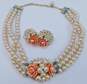 Vintage Floral Rhinestone & Faux Pearl Gold Tone Multi Strand Necklace & Screw Back Earrings 60.8g image number 1