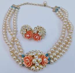 Vintage Floral Rhinestone & Faux Pearl Gold Tone Multi Strand Necklace & Screw Back Earrings 60.8g
