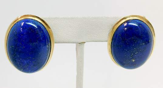 14K Yellow Gold Lapis Lazuli Oval Cabochon Omega Back Earrings 20.8g image number 1