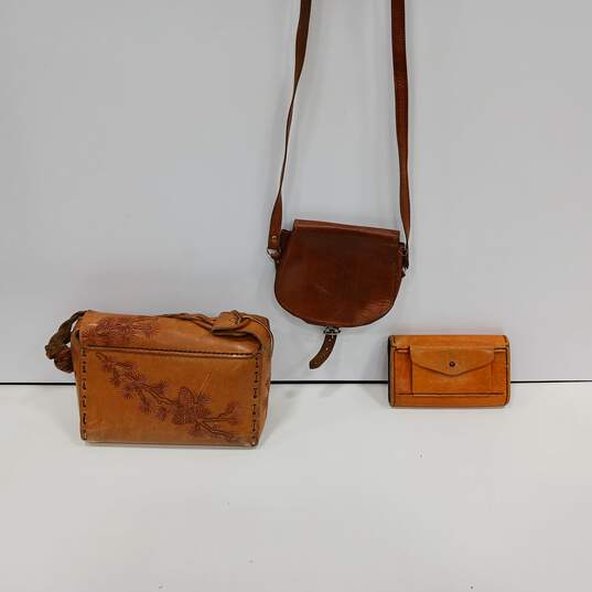 Bundle Of 2 Brown Embossed Handbags & 1 Brown Wallet image number 1