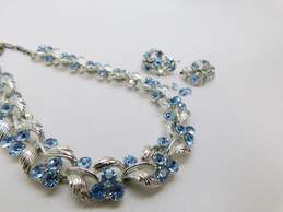 Vintage Lisner Blue Icy Rhinestone & Silver Tone Clip-On Earrings & Necklace 72.5g