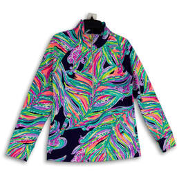 Womens Multicolor Leaf Print Kangaroo Pocket Half Zip T-Shirt Size Medium