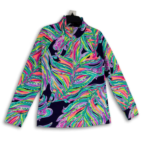 Womens Multicolor Leaf Print Kangaroo Pocket Half Zip T-Shirt Size Medium image number 1