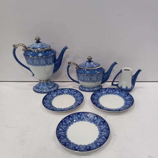 8pc Bombay Blue Arabesque Tile Pattern Teapots & Salad Plates image number 1