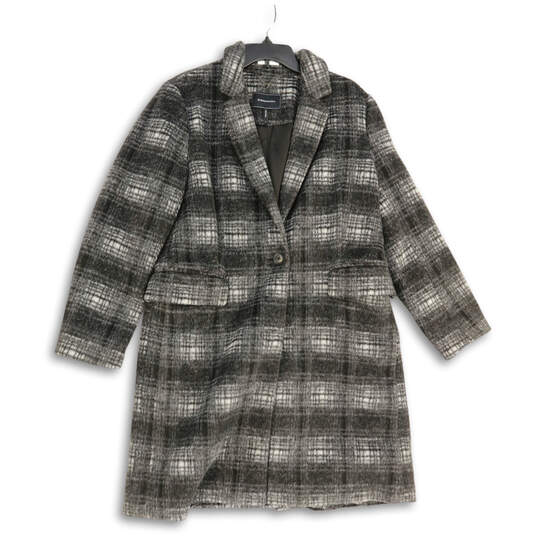 Womens Gray Plaid Notch Lapel Long Sleeve Flap Pocket Overcoat Size L image number 1
