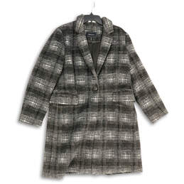 Womens Gray Plaid Notch Lapel Long Sleeve Flap Pocket Overcoat Size L