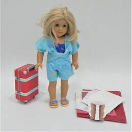 American Girl Doll Blonde Hair Blue Eyes W/ Suitcase & Fashion Show Paper Dolls