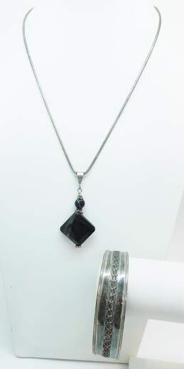 Rustic 925 Black Banded Agate Square Ball & Granulated Pendant Snake Chain Necklace & Bali Style Cuff Bracelet 31.5g