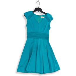 Eliza J Womens Blue Pleated V-Neck Cap Sleeve Back Zip Fit & Flare Dress Size 4