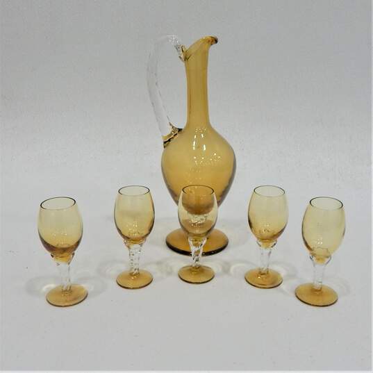 VNTG Hand Blown Amber Pitcher W/5 Glasses image number 1