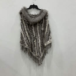 Womens Gray Faux Fur Fringe Pullover Poncho Shawl Size S/M
