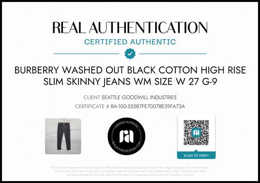Burberry Women's Washed Out Black Cotton High Rise Skinny Jeans Size 27 w/COA image number 2