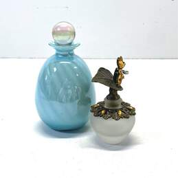 2 Vintage Perfume Bottles Swirl Blue Art Glass & Art Nouveau Dragonfly Bottles