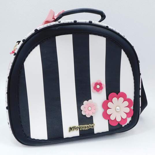 Betsey Johnson Weekender Travel Bag Black & White Stripes Pink Flowers image number 1