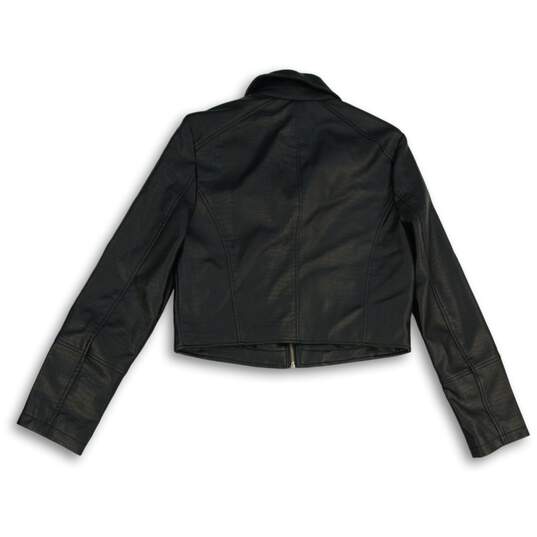 Womens Black Leather Spread Collar Long Sleeve Full-Zip Motorcycle Jacket Size M image number 2