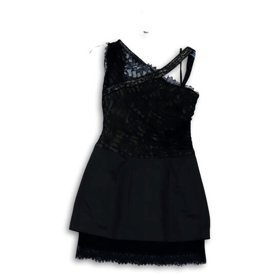 Womens Black Sleeveless Asymmetrical Neck Lace Overlay A-Line Dress Size 8 image number 1