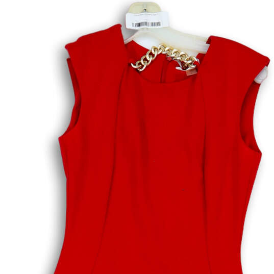Womens Red Sleeveless Round Neck Back Zip Contemporary Sheath Dress Size 2 image number 3
