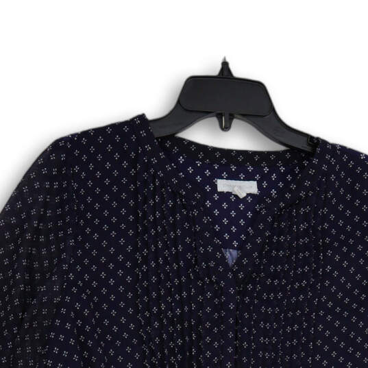 Womens Navy Blue Printed V-Neck Long Bell Sleeve Pullover Blouse Top Size L image number 3