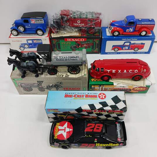 6pc Die Cast Metal Oil & Gas Model Cars and Coin Bank Bundle image number 1