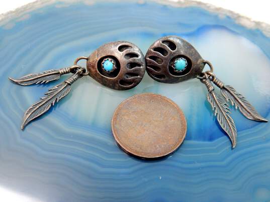 Southwestern Artisan 925 Silver Turquoise Bearpaw & Feather Earrings 4.4g image number 3