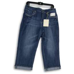 NWT Earl Jean Womens Blue Denim Medium Wash Rhinestone Capri Jeans Size 12