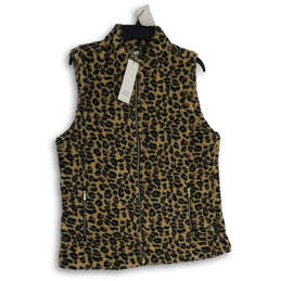 NWT Womens Black Beige Leopard Print Mock Neck Full-Zip Vest Size L