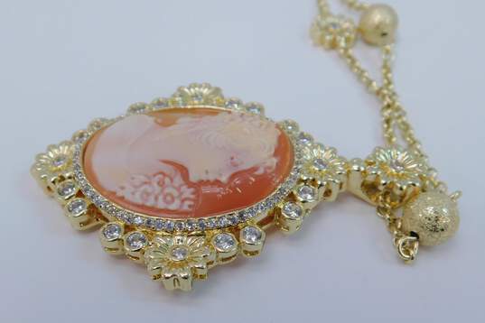Amedeo Gold Tone Carved Shell Cameo Icy Crystal Necklace 62.2g image number 3