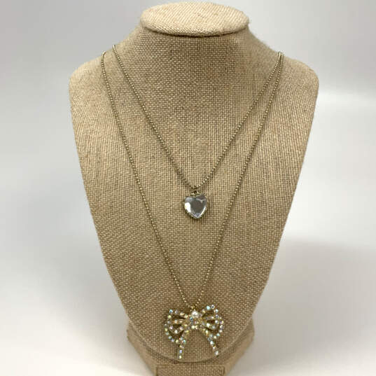 Designer Betsey Johnson Gold-Tone 2 Strand Rhinestone Bow Pendant Necklace image number 1