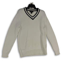 Womens White V-Neck Long Sleeve Knitted Pullover Sweater Size Medium