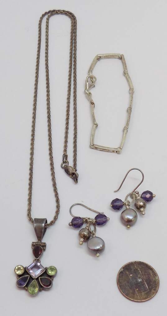 Romantic 925 Sterling Silver Pearl & Beaded Drop Earrings Amethyst Garnet & Peridot Pendant Necklace & Cut Out Bracelet 23.4g image number 2