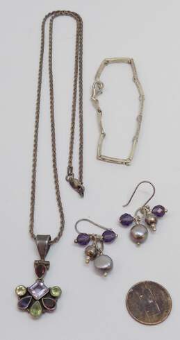 Romantic 925 Sterling Silver Pearl & Beaded Drop Earrings Amethyst Garnet & Peridot Pendant Necklace & Cut Out Bracelet 23.4g alternative image