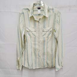 Patagonia WM's Cream Blue Stripe Organic Cotton Button Shirt Size 10