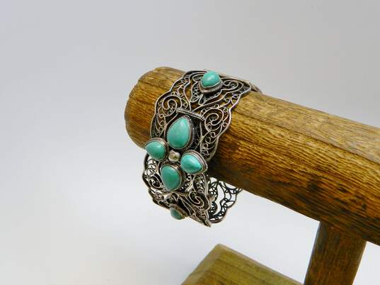 Artisan BJ 925 Turquoise Cabochons Flowers Open Scrolled Wide Panel Bracelet 54.3g image number 3