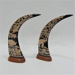 Pair of Vintage Hand Carved Water Buffalo Horns w/ Elephant Rhino & Birds