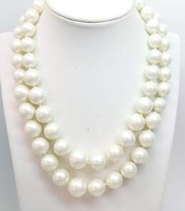 KJL Kenneth Jay Lane Silvertone Rhinestones Clasp White Faux Pearls Beaded Double Strand Necklace 203.2g